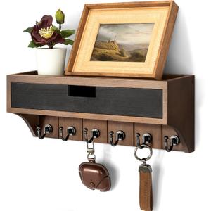 Rebee Vision Pine Wood Key Holder Wall Mount with Drawer Organizer Decorative Mail Organizer with 6 Key hooks and Wall Shelf - Modern Room Decor for Entryway or Living Room (Brown & Black)