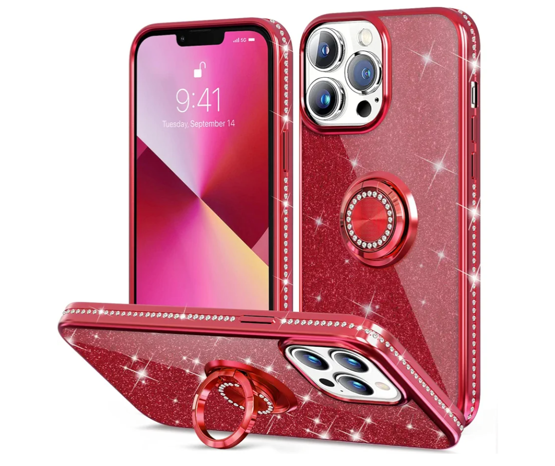 Thomo Compatible with iPhone 13 Pro Case,[Bling Kickstand] Cute Glitter Slim Bumper Diamond Cover Ring Holder Full-Body Protective Phone Case for iPhone 13 Pro Women Girls, Wine Red, Pack of 2