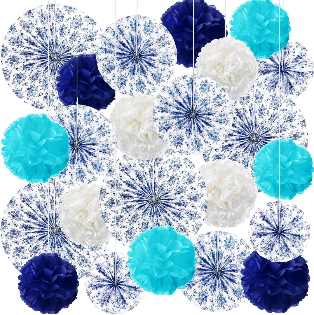 Wavwavw 24 Pcs Blue Bridal Shower Decorations Set Blue White Vintage Paper Fans Flowers Tissue Pom Poms Bloom Balls for Bachelorette Wedding Birthday Party Decorations