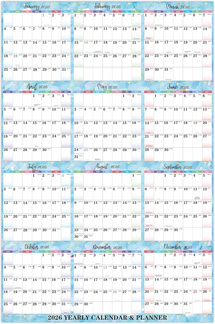 2026 Yearly Wall Calendar - 2026 Calendar (Jan 2026 - Dec 2026), 34.7" x 22.9" Open Size, 2026 Wall Calendar Thick & Writable Paper, Vertical Layout with Highlighted Holidays Design, Includes Julian Dates for Organizing Life & Work - Gradient Blue