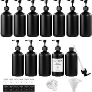 TBWIND 12 Pack 8oz Black Glass Soap Dispenser Bottles with Pumps, Refillable Glass Bottles for Shampoo, Conditioner & Lotion, Ideal for Bathroom, Kitchen, Waterproof Labels & Funnels Included
