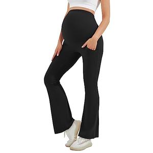 HEGALY Women's Maternity Flare Leggings Over The Belly - Casual Pregnancy Yoga Pants with Pockets Buttery Soft Black M