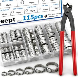 115Pcs 10-Sizes 304 Stainless Steel Single Ear Hose Clamps with Ear clamp plier 6-28.6mm Crimp Hose Clamps Assortment Kit for Auto/Home Appliance/Pipe/Fuel Line Stepless hose clamp with pincer (Silver)