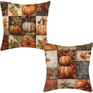 Fall Pillow Covers 18x18 Inch Set of 2 Autumn Pumpkins Maple Leaf Cushion Cases for Porch Sofa Couch Home Decoration