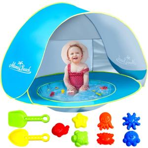 Monobeach Baby Beach Tent with Beach Sand Toys Pop Up Portable Shade Pool UPF50+ UV Protection Sun Shelter for Infant with Easy Set Up Canopy (Blue with Toys)