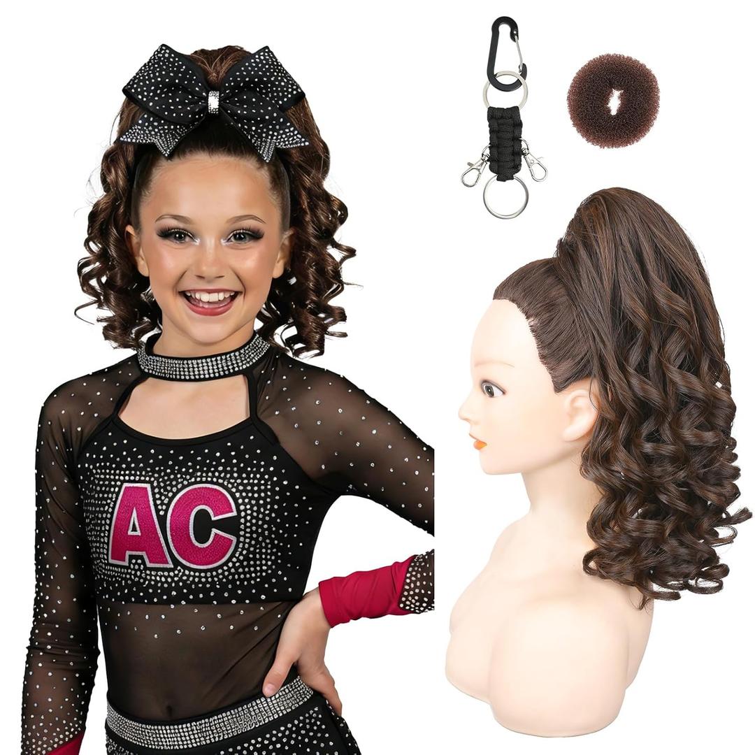SEIKEA Cheer Ponytail Hair Piece, 14" Curly Cheerleader Hairpiece Ponytail Extension for Cheerleader Competition, Dance Black Brown with Deep Brown Highlights