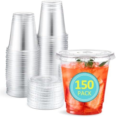 Eupako 150-Sets-8-OZ-Plastic-Cups-with-Lids-8 Ounce-Clear-Disposable-Cups-with-Lids-Cold-Drink-Containers-for-Beverage-Parfait-Smoothie-Milkshake-Juice
