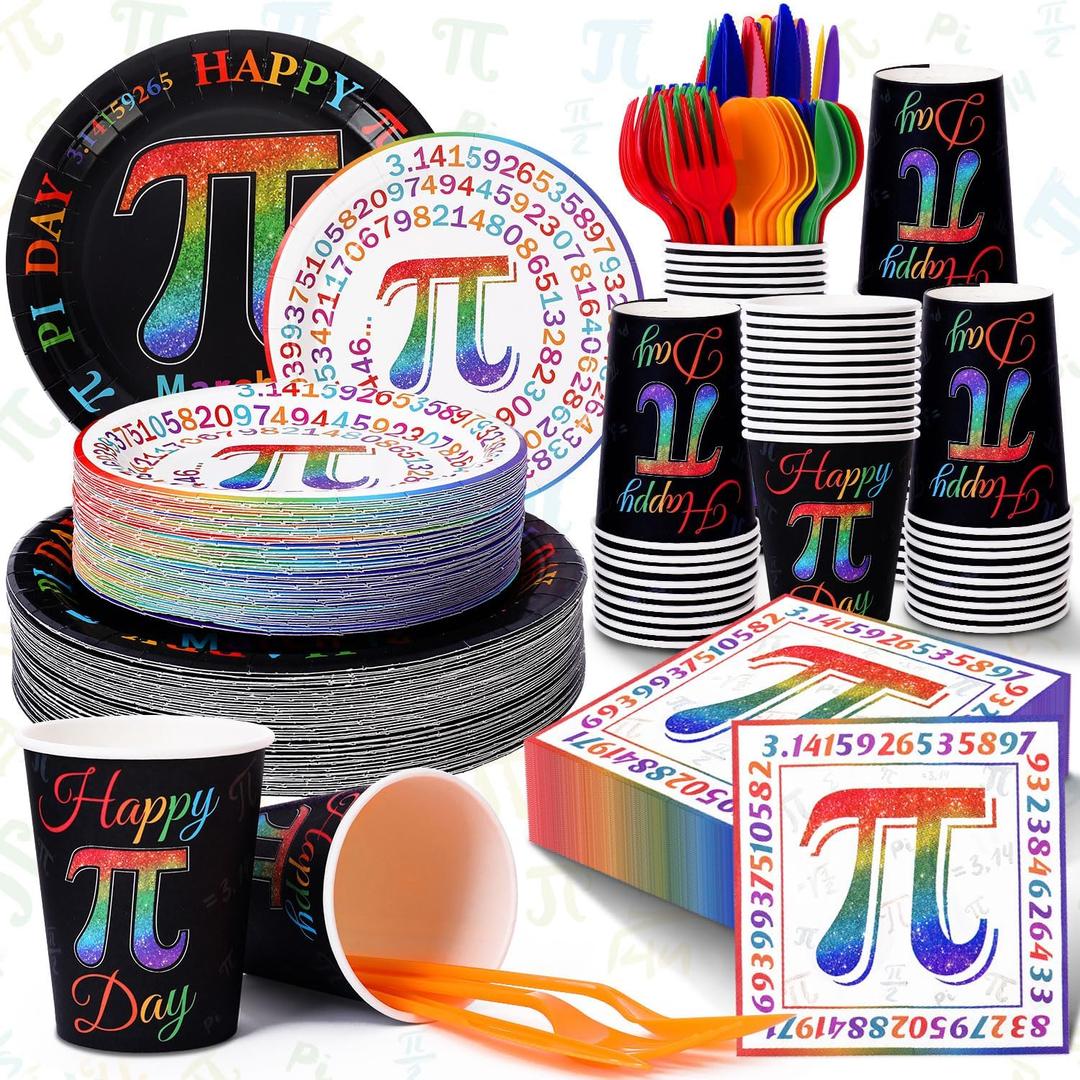 400 Pieces Pi Symbol Party Supply Set Disposable Black Plates Paper Plates Napkins Cutlery Forks Knives Spoons Utensils Decor Tableware for Math Theme Pie Day Celebration Gathering 50 Guests
