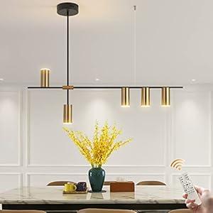 Siittoo Pendant Light Fixtures, Dimmable Modern LED Chandelier Lighting with Spotlights, Adjustable Linear Hanging Pendant Light for Kitchen Island Dining Room Living Room (Black, Gold 30W)