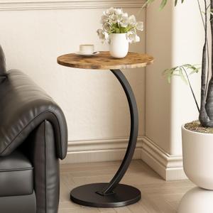 C Shaped Side Table End Table Round Small Side Table,Brown & Black | C Shaped End Table Metal Frame for Sofa Bed Couch Living Room Bedroom Small Spaces Bedside TV Tray Accent Nightstand Table