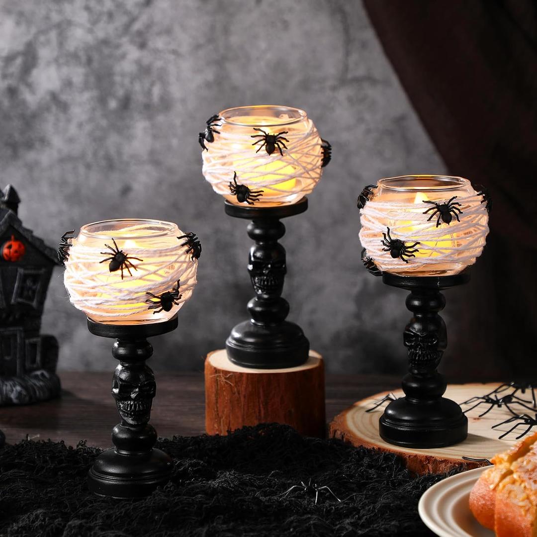 Geelin 3 Pcs Skull Tealight Candle Holder for Halloween Decoration Resin Gothic Skeleton Candlestick Holders Black Retro Spooky Desktop Decor for Halloween Fireplace Home Office Dining Party