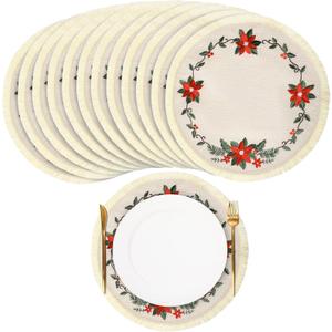 12 Pcs Round Christmas Placemats 15 inch Embroidered Poinsettia Flower Christmas Table Mats Faux Burlap Fabric Placemat with Tassels for Dinner Table Decor Holiday Party Decoration