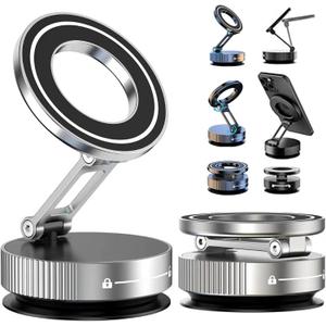 360 Magnetic Suction Phone Mount - The Ultimate Hands-Free Holder, Vacuum Suction Magnetic Bracket, Portable Pocket Foldable Adjustable Cell Phone Holders for 16 15 14 13 12 Phone (Jt89 Silver)