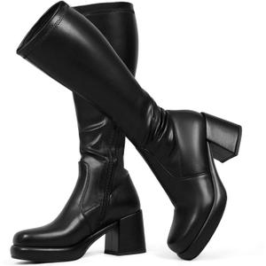 LanreyTaley Elastic Women Knee High Boots Platform Chunky Heel Tall Boots Suede Dress Boots Side Zipper Stretch Boots Fall (6, Publack)