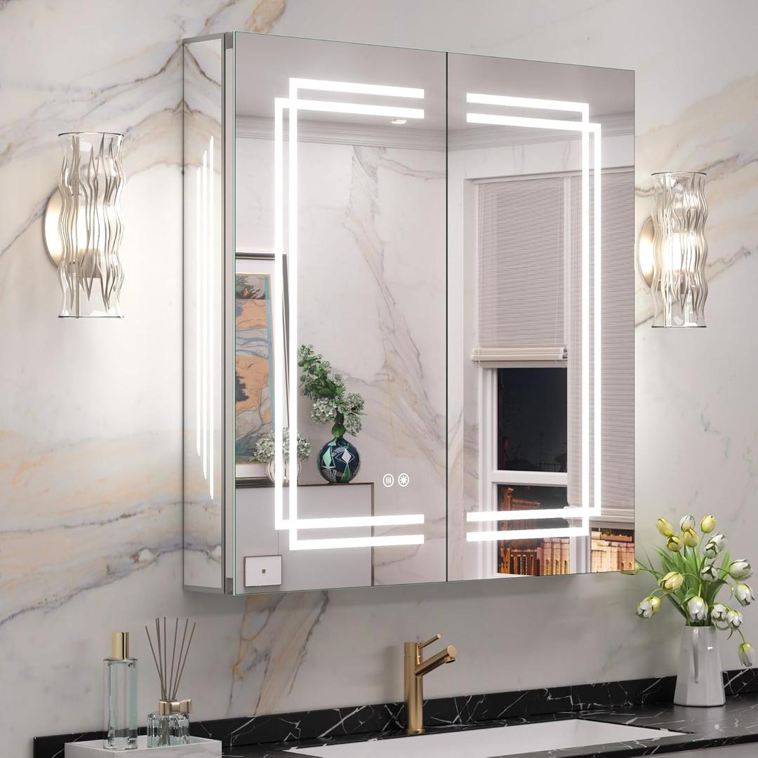 Keonjinn 30 x 32 Inch Lighted Medicine Cabinet with Lights, LED Medicine Cabinet Mirror for Bathroom, Tempered Glass, Adjustable Shelves, No Outlets, 3 Color Temperature, Anti-Fog, Surface Mount Only