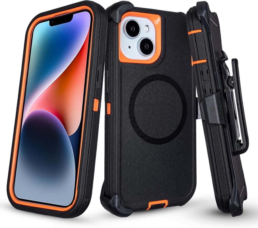 Defender for iPhone 14 Case with Belt Clip Holster, [Compatible with MagSafe] Heavy Duty Rugged Shockproof Anti-Drop Full Body Protective Case for iPhone 14 6.1 Inch (Black+Orange)