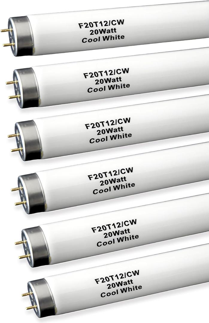 6pack 24 inch F20T12/CW 20W Fluorescent Light Bulb, 2FT 20 Watts 4100K Cool White, T12 Tube Dia 1.5 inch,G13 Base,1200 Lumen High Brightness