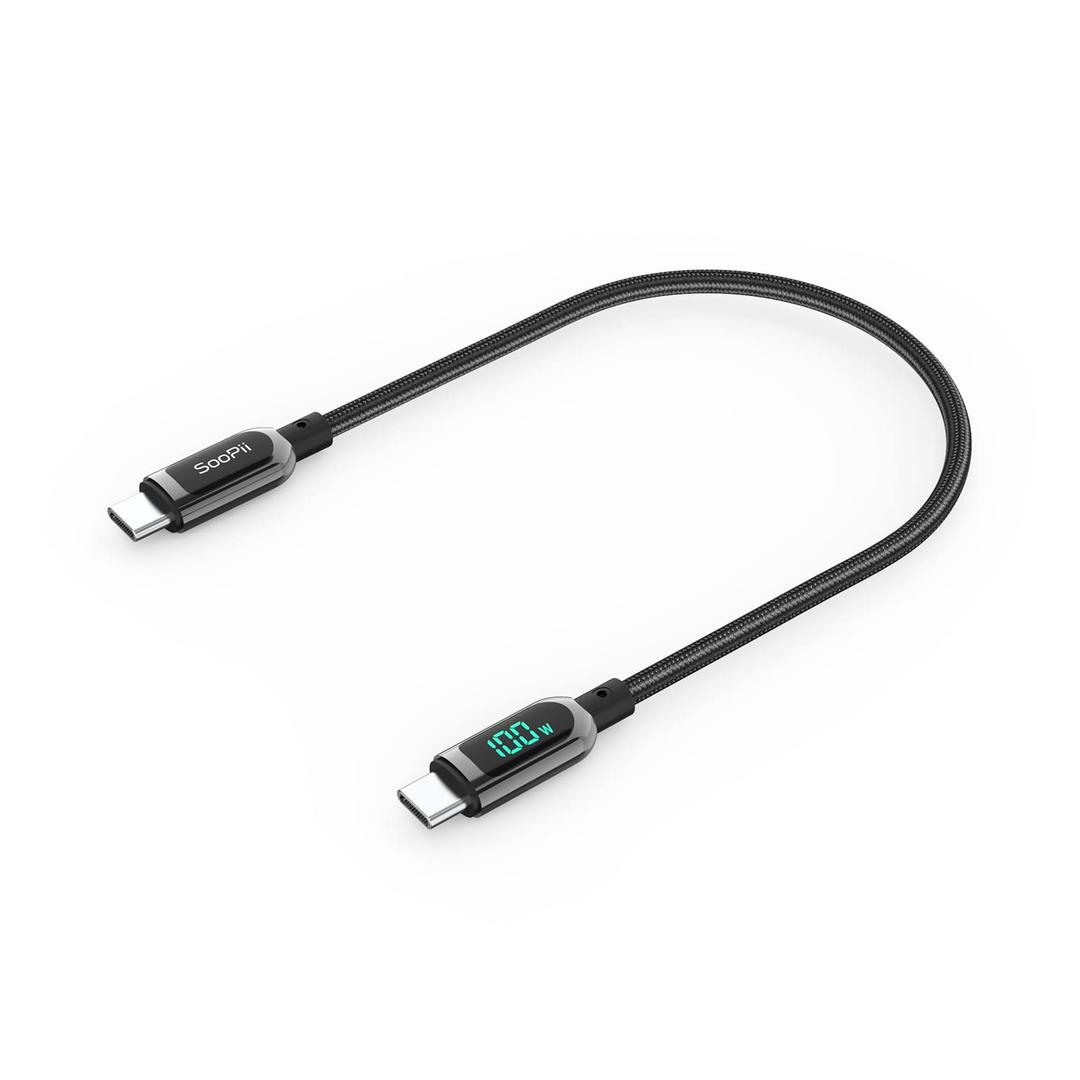 SOOPII 100W 1ft USB C to USB C Cable Fast Charge, Nylon Braided Cable with LED Display for lPhone 16/15 Pro/15 Plus/15 Pro Max,lPad Air,MacBook Pro,Galaxy S24/S23, Pixel, LG (Black)