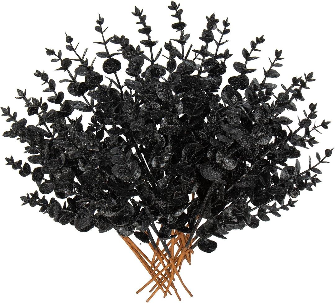 Hollyone 20 Pcs Glitter Artificial Eucalyptus Branches 13" Christmas Eucalyptus Pine Stems Picks Black Fake Eucalyptus Picks Stems for DIY Christmas Tree Garland Wreath Crafts Home Decoration (20pcs-Eucalyptus, Black-3)