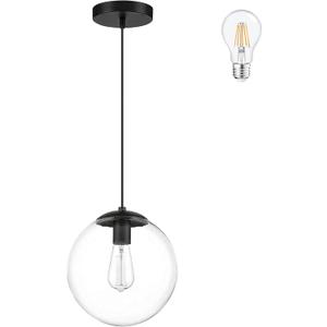 KoKo&Yukina Iluminacin colgante de globo de 8 pulgadas para isla de cocina, lmpara colgante moderna de mediados de siglo con vidrio transparente de globo negro, luces de techo colgantes industriales (negro (Clear & Black))
