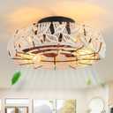 Boho Caged Ceiling Fans with Lights and Remote 20" Flush Mount 6-Speed Reversible Enclosed Low Profile Handmade Cotton Rope Ceiling Fan with Light 4 Bulbs,for Bedroom, Living Room, Kitchen (Cream Leaves)