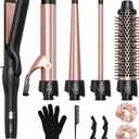 Lopeie 5 in 1 Curling Iron with Thermal Brush and 4 Interchangeable Ceramic Barrels(1/2 to 1 1/2 inch), Curling Wand Set with Flat Iron, Fast Heating, Dual Voltage Hair Curler, Mothers Day Gifts