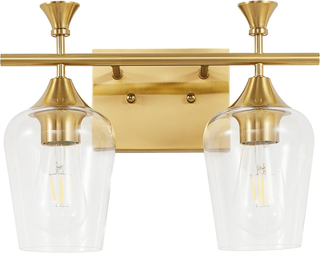 Bathroom Light Fixtures (2-Light, 14 Inch), Brushed Gold Vanity Lights for Bathroom with Clear Wine Glass Glass Shade, Modern Vanity Wall Lights for Mirror Bedroom Living Room Kitchen Hallway Porch