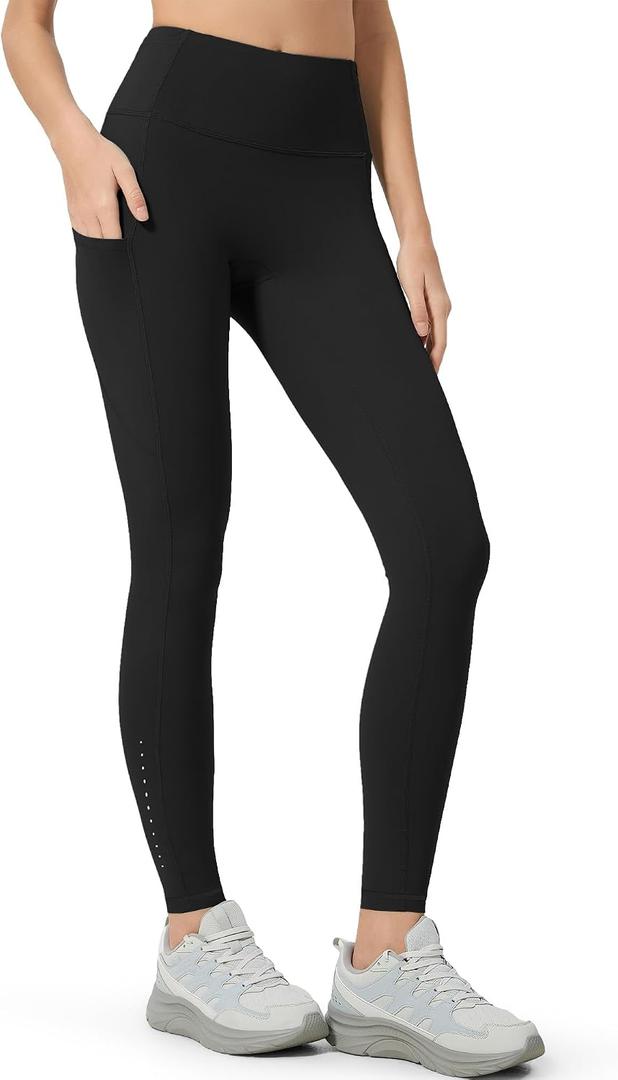AOPREL High Waisted Yoga Pants with Pockets Tummy Control Compression Leggings for Women, Running, Gym, Lounge (Black)