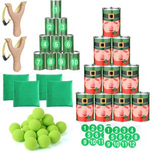 37 Pcs St. Patrick's Day Party Game Knockdown Can Set, 2 in 1 Bean Bag Toss and Slingshot Shooting Game with Metal Cans Bean Bags Slingshots Foam Balls for Family Gathering Carnival Party