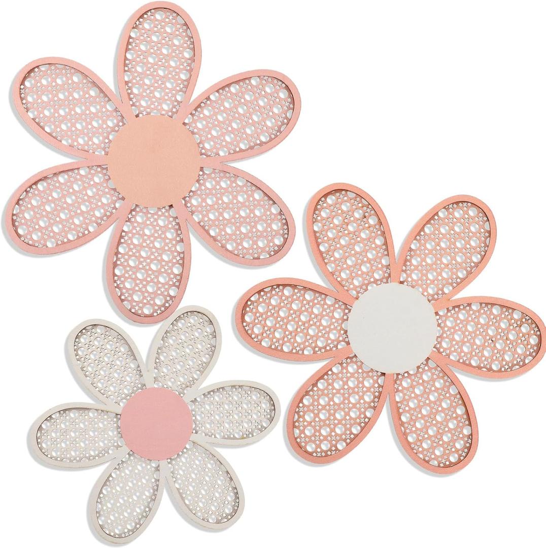 Maitys 3 Pieces Boho Daisy Wall Decor Natural Rattan Flower Wall Hanging Art Wooden Boho Art Nursery Flowers Farmhouse Hanging Decor for Home Office Nursery, Rustic Color 