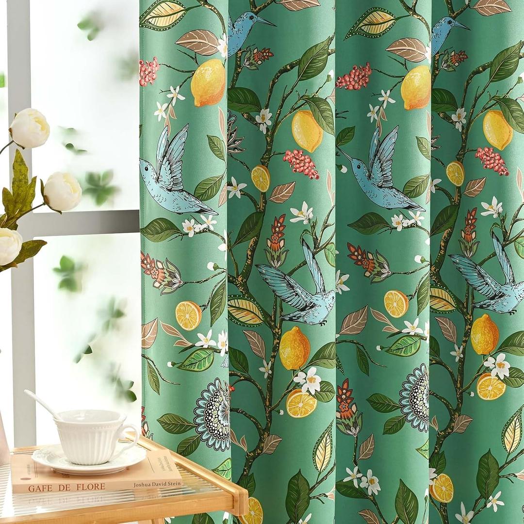 FRAMICS 100% Blackout Curtains for Bedroom Floral Curtains for Living Room 84 Inches Long, Luxury Patterned Green Curtain Lemon Hummingbird Grommet Thermal Insulated Drapes, 2 Panels