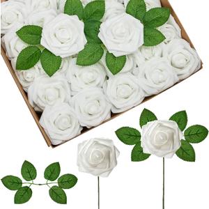InnoGear 100 Pcs White Roses Artificial Flowers, Fake Velvet Silk Rose Bulk Faux Flower for Decoration DIY Wedding Centerpieces Proposal Bridal Bouquets Shower Party Home Floral Decor (100, White)