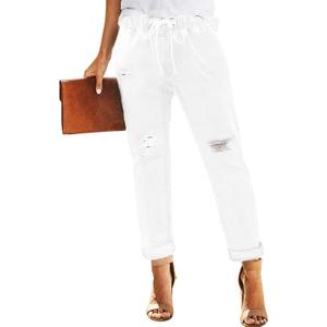 Womens Casual Denim Jeans Pull-on Stretch Jeans Elastic Waist Jean Denim Drawstring Joggers Pants (X-Large, Designed White)