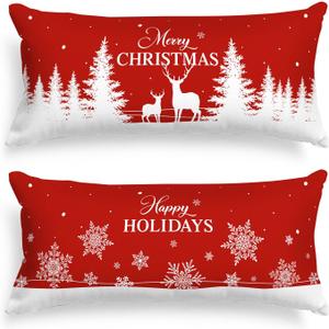 Lanpn Christmas Lumbar Pillowcase 14x36 Set of 2, Red Christmas Tree Snowflake Pillow Cases 14 x 36 Long Big Rectangle Lumbar Bed Pillow Covers Winter Holiday Xmas Throw Pillow Cushion Cover 2 Pack
