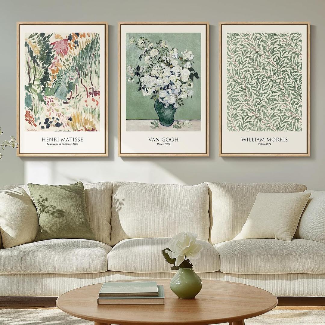 Framed Large Matisse Wall Art for Living Room, 3 Piece Vintage Sage Green Canvas Artwork for Walls, Botanical Floral Prints for Bedroom, Hallway, Home Office Decor, Total Size 30x60 Inches