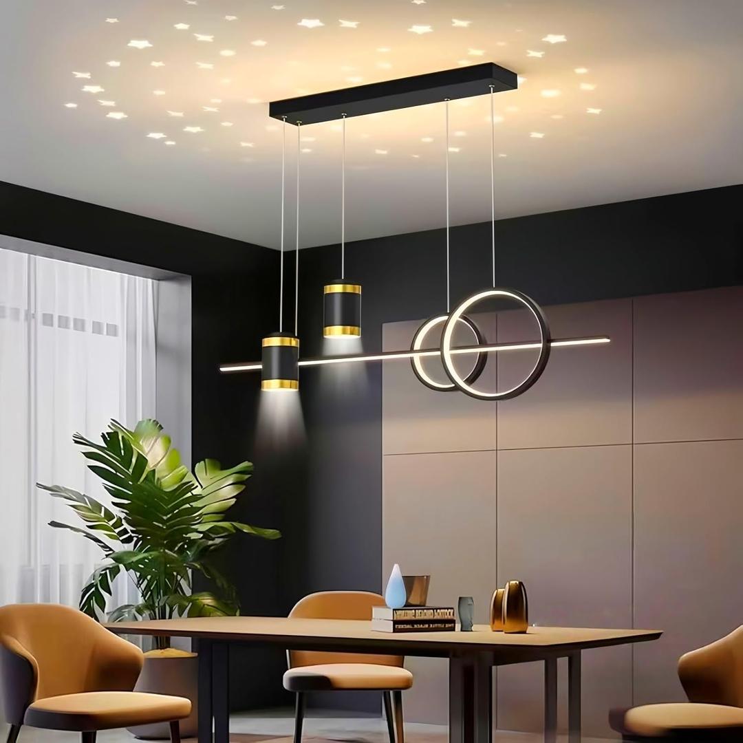 Modern LED Pendant Lights for Kitchen Island, Dimmable Led Linear Chandelier with Remote Control, 39in Black Island Lighting Lamp Fixture for Office, Dining Room, Decorative Interior Lighting (39.37 IN)