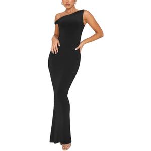 REORIA Women's Summer Sexy One Shoulder Formal Long Dress Wedding Guest Elegant Sleeveless Ribbed Bodycon Maxi Dresses (Medium, Black)