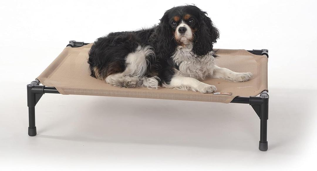 K&H Outdoor Elevated Dog Bed - Cooling Raised Dog Bed for Small & Medium Pets, Breathable Mesh Hammock Design, Indoor/Outdoor Washable Cover, Portable Metal Frame, Tan, Medium 32x25in