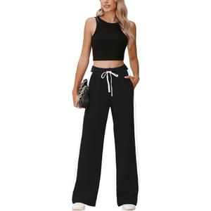 Heymoments Women's Wide Leg Pants add Tops High Waisted Sport Athletic Jogger Running Walking Sweatpant Set (Large)