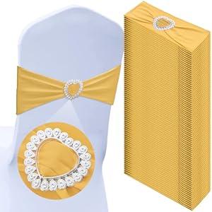 VitalCozy 50 Pcs Spandex Chair Sashes with Heart Shaped Buckle Slider Stretch Chair Cover Band Universal Elastic Chair Ties for Wedding Banquet Event Party Decoration(Gold)