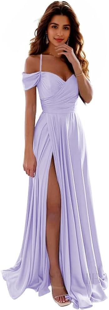 Satin Lavender Bridesmaid Dresses for Wedding Long Spaghetti Strap Sweetheart Neck Formal Gown with Slit Size 4 IIF006