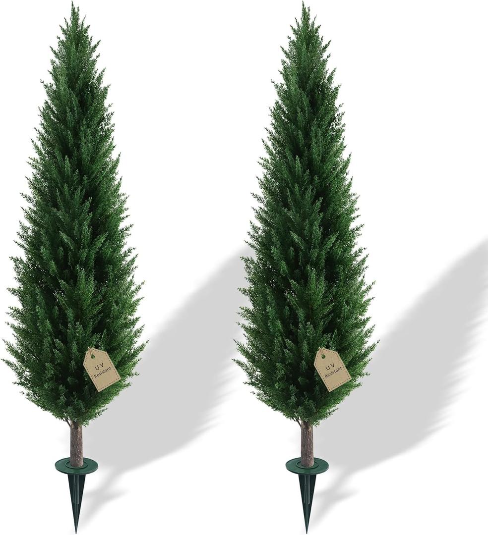 4FT Artificial Cedar Topiary Trees Set of 2 with Ground Spike, UV Resistant Fake Plants Bushes Shrubs, Faux Arborvitae Cypress Pine Privacy Tree for Outdoor Indoor Planters, Yard Porch Christmas Decor