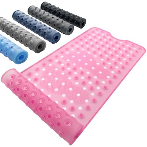 Bathroom Tub Mat Non Slip 35.4'' x 15.7'', Non Slip Bath Mat for Shower, Drain Holes Keep Bathtub Clean, Machine Washable Soft Silicone, Comfortable Underfoot Design for Shower, Clear Pink