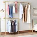 DR.IRON Industrial Pipe Gold Clothing Racks with Double Bar, Industrial Pipe Clothes Racks Wall Mounted, Heavy Duty Gold Closet Rods for Hanging Clothes Organizer Storage