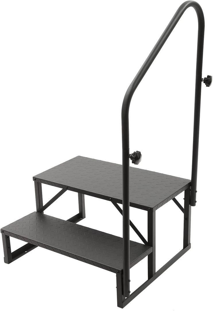 RV Steps with Handrail, 2 Steps Mobile Home Stairs Steps Portable Pool Ladder 450 LBS Load Capacity, Single Sided Handrail Ladder for Camper, Porch, SPA, Pool, Pet Stairs