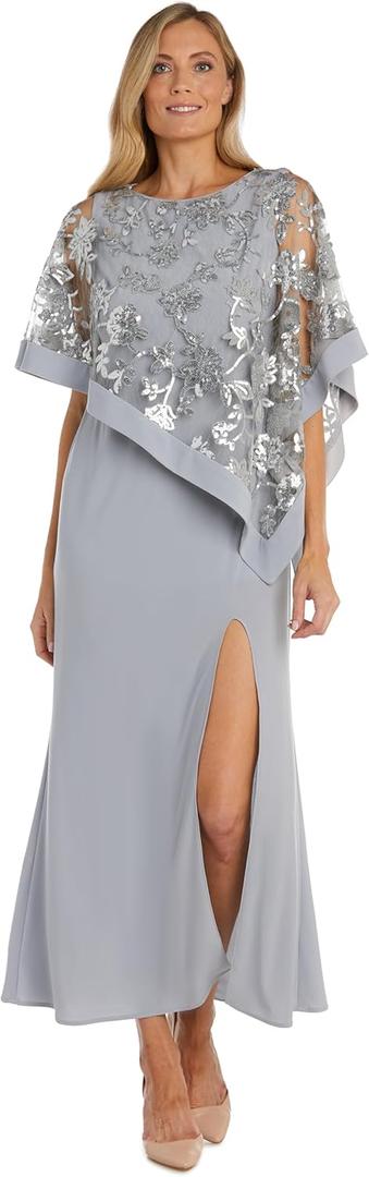 R&M Richards Women's Glamorous Sequin Lace Poncho Dress W/Side Slit - Elegant Evening Cocktail Gown (6)