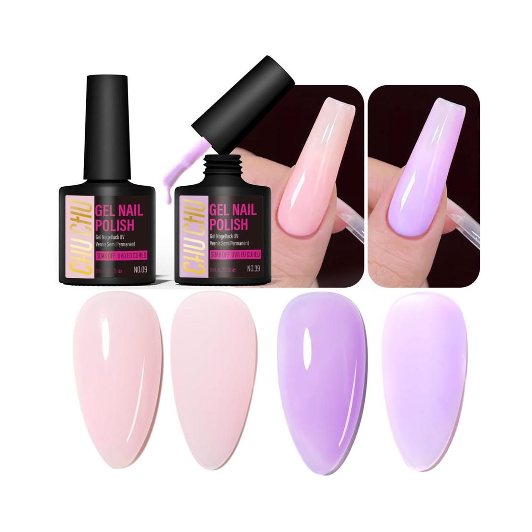 2 x CHUCHU Gel Nail Polish for Manicure: Pink and Purple Jelly Colors UV Nail Polish - 8ml Duo Gel Polish for Women Beginners Nail Enthusiasts - Summer Spring Home Nail Art Design Salon Gift Winter