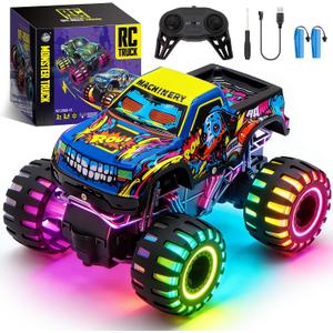 Remote Control Monster Truck Toys for Kids, 1:20 Scale 2.4GHz RC Car with Lights, All Terrain Rechargeable RC Truck with 2 Rechargeable Batteries, Toy Gift Birthday Christmas for Boys Girls Toddlers