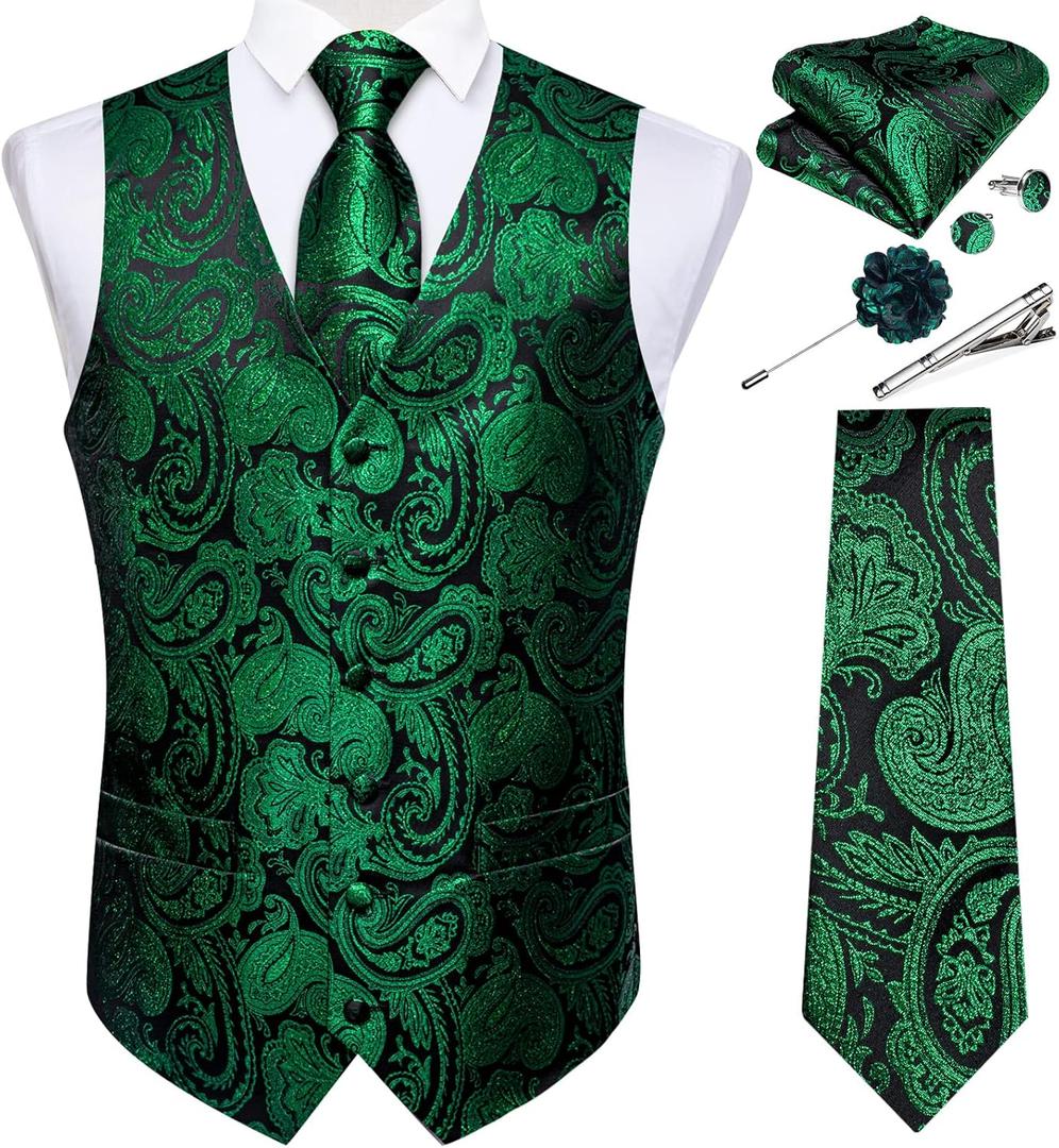 DiBanGu Mens Vest and Tie Set Formal Paisley Waistcoat and Necktie Pocket Square Cufflinks Silk Suit Vest for Tuxedo Wedding (Large)