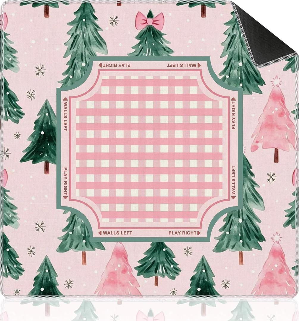 Pink and Green Buffalo Plaid Christmas Tree Mahjong Mat for Table, 31.5 inches x 31.5 inches